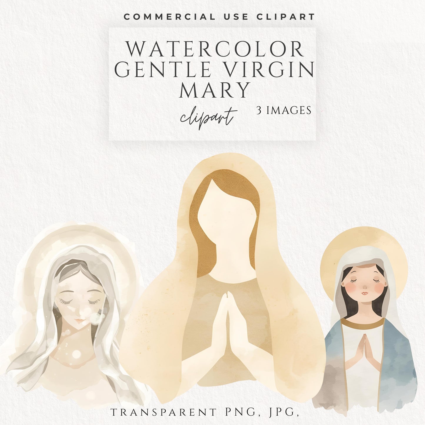 Watercolor Virgin Mary clipart with soft Catholic Marian details for baptism invitations, prayer cards, and Christian crafts. / Clipart en acuarela de la Virgen María con detalles marianos católicos suaves para invitaciones de bautizo, tarjetas de oración y manualidades cristianas.