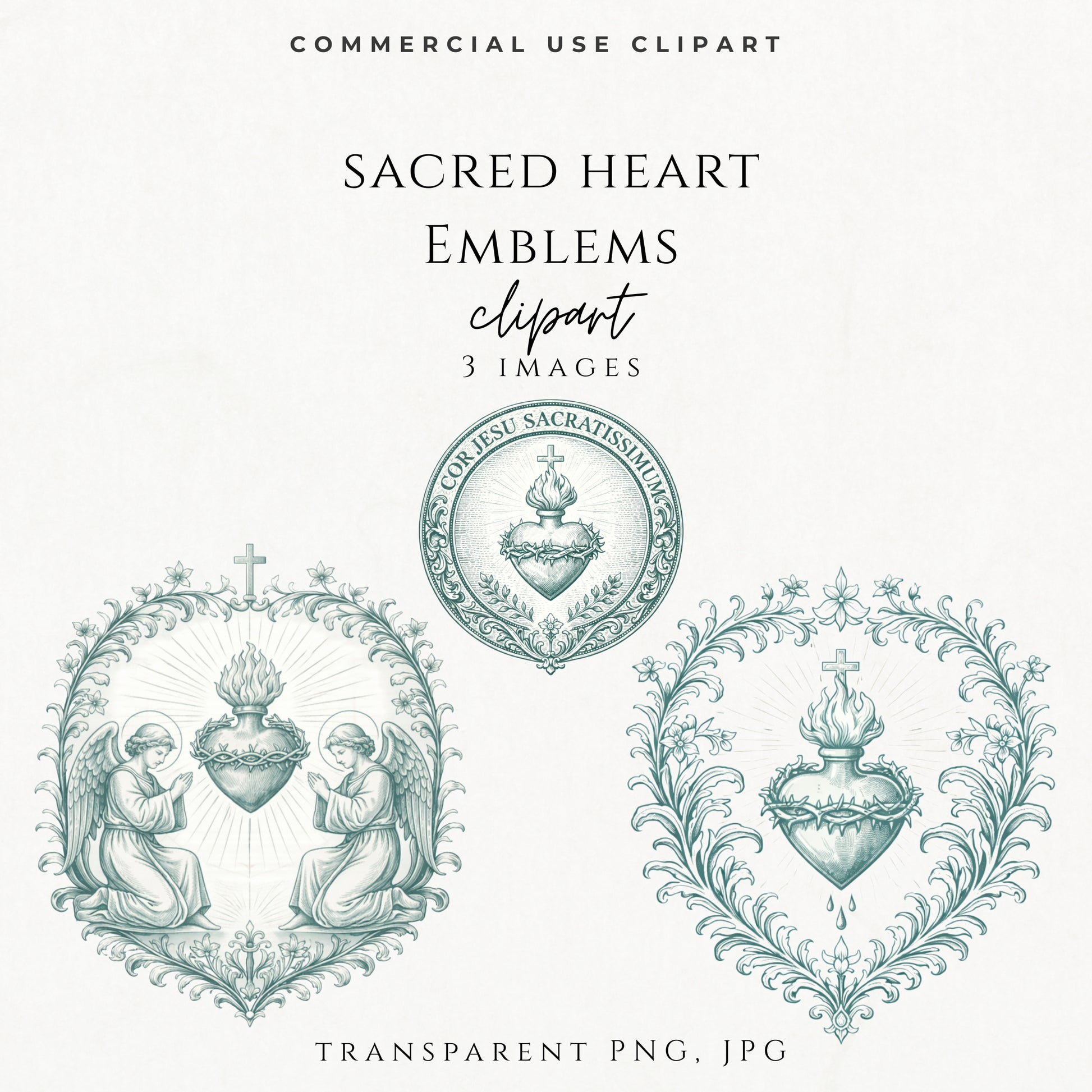 Sacred Heart of Jesus clipart emblem set in vintage Catholic engraving style PNG for religious design
