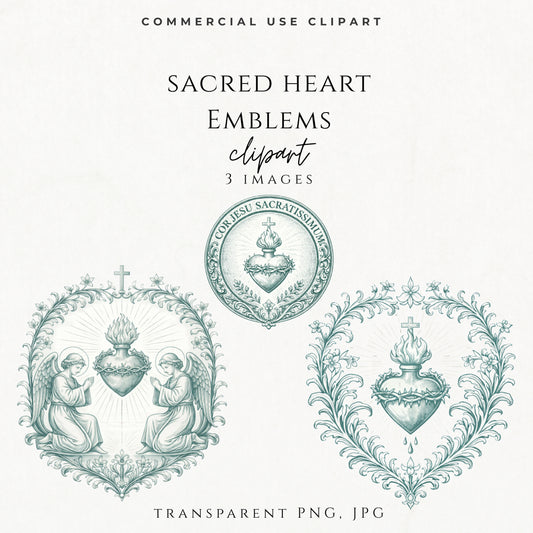 Sacred Heart of Jesus clipart emblem set in vintage Catholic engraving style PNG for religious design
