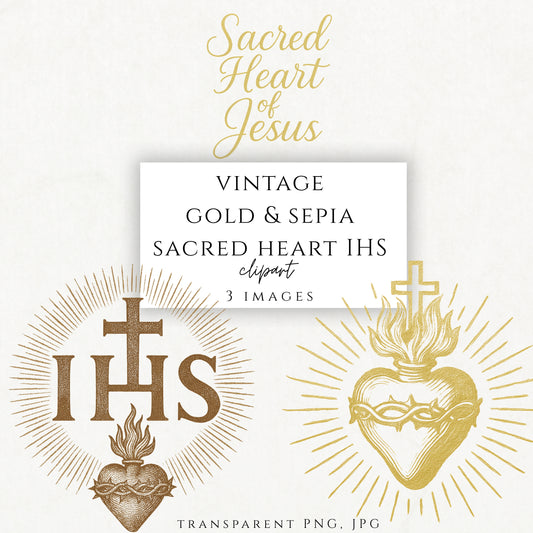 Sacred Heart of Jesus clipart with IHS in vintage gold sepia style | Clipart del Sagrado Corazón de Jesús con IHS en estilo vintage dorado sepia