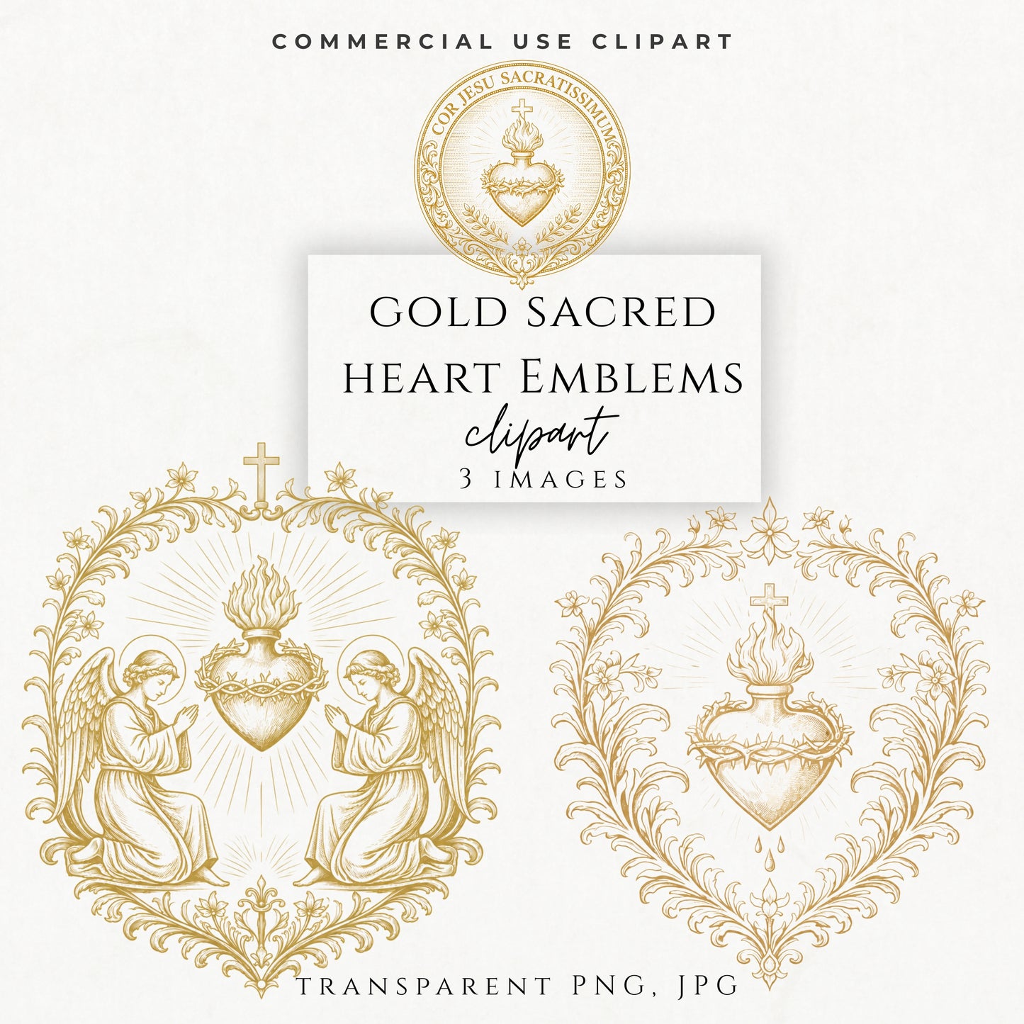 Gold Sacred Heart emblem clipart with praying angels and ornate Catholic floral frame 