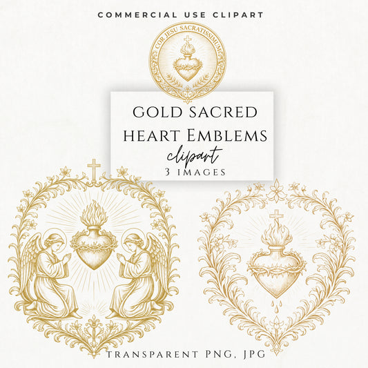 Gold Sacred Heart emblem clipart with praying angels and ornate Catholic floral frame 