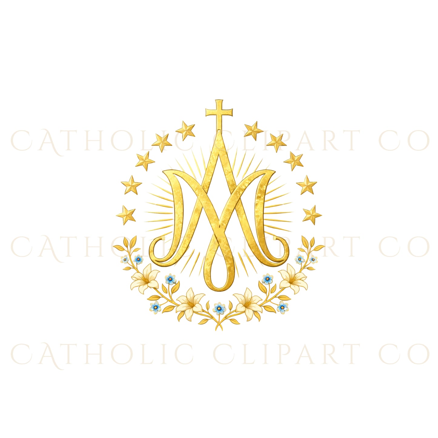 Marian Crest Clipart Set | Gold Marian M Monogram, Catholic Frame & Halo Symbols, Virgin Mary PNG