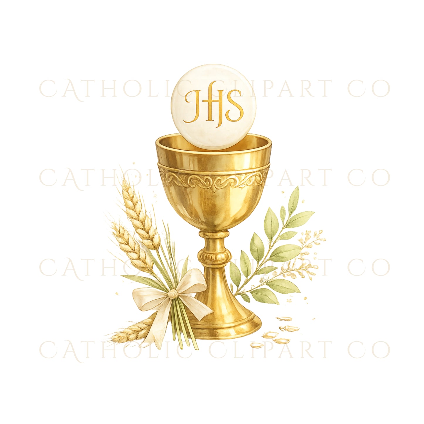 Catholic Watercolor Sacraments Clipart | Baptism First Communion Confirmation Wedding | Gold Religious PNG for Commercial Use