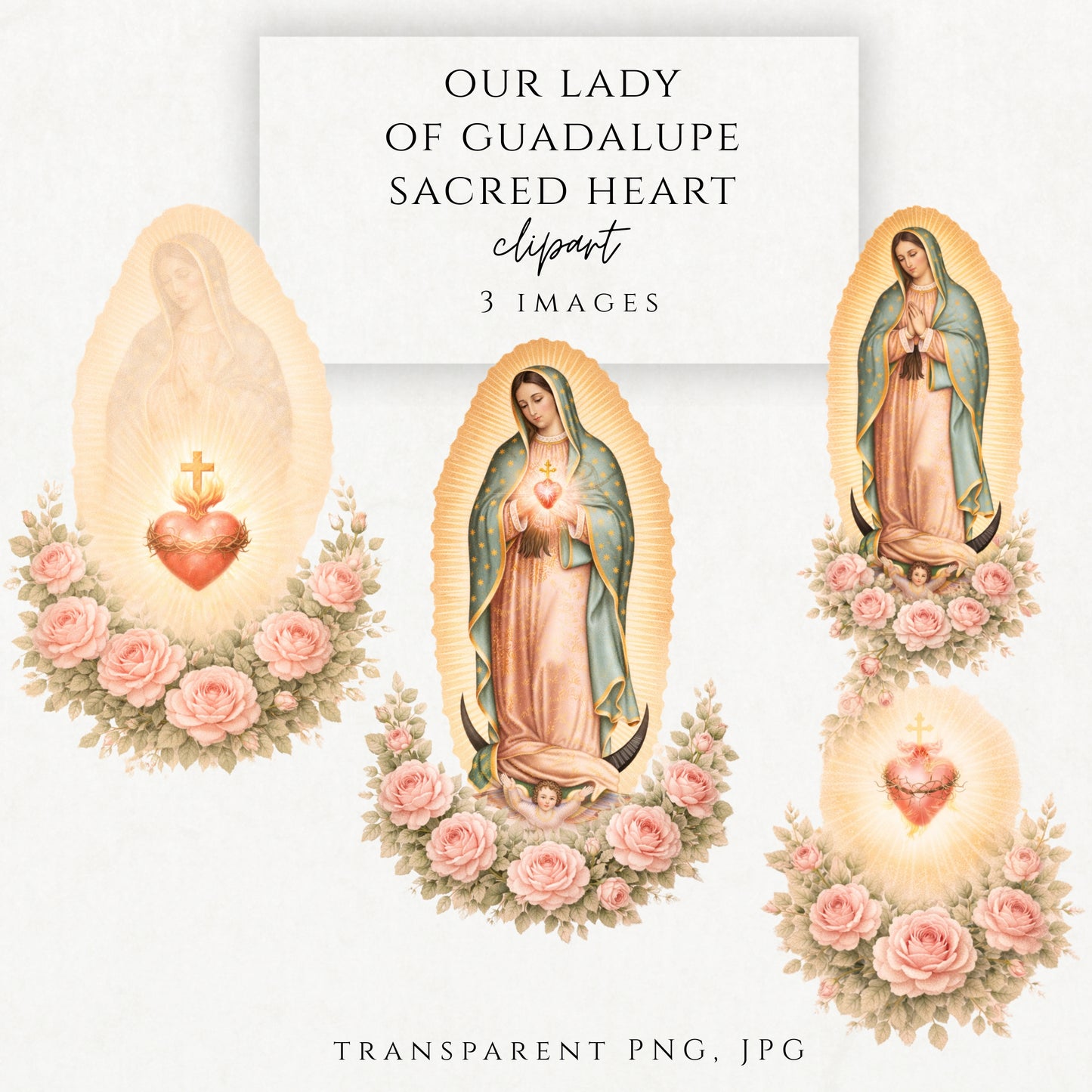 Our Lady of Guadalupe Sacred Heart clipart with pink roses – Nuestra Señora de Guadalupe con Sagrado Corazón y rosas rosadas