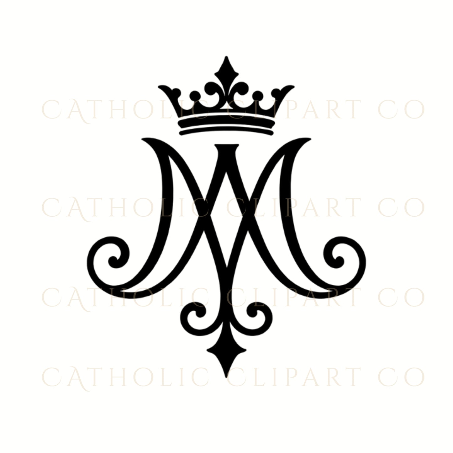 Black Marian Monogram Clipart PNG | Catholic Auspice of Mary M Logo, Crown & Cross Symbols | Commercial Use Religious Art