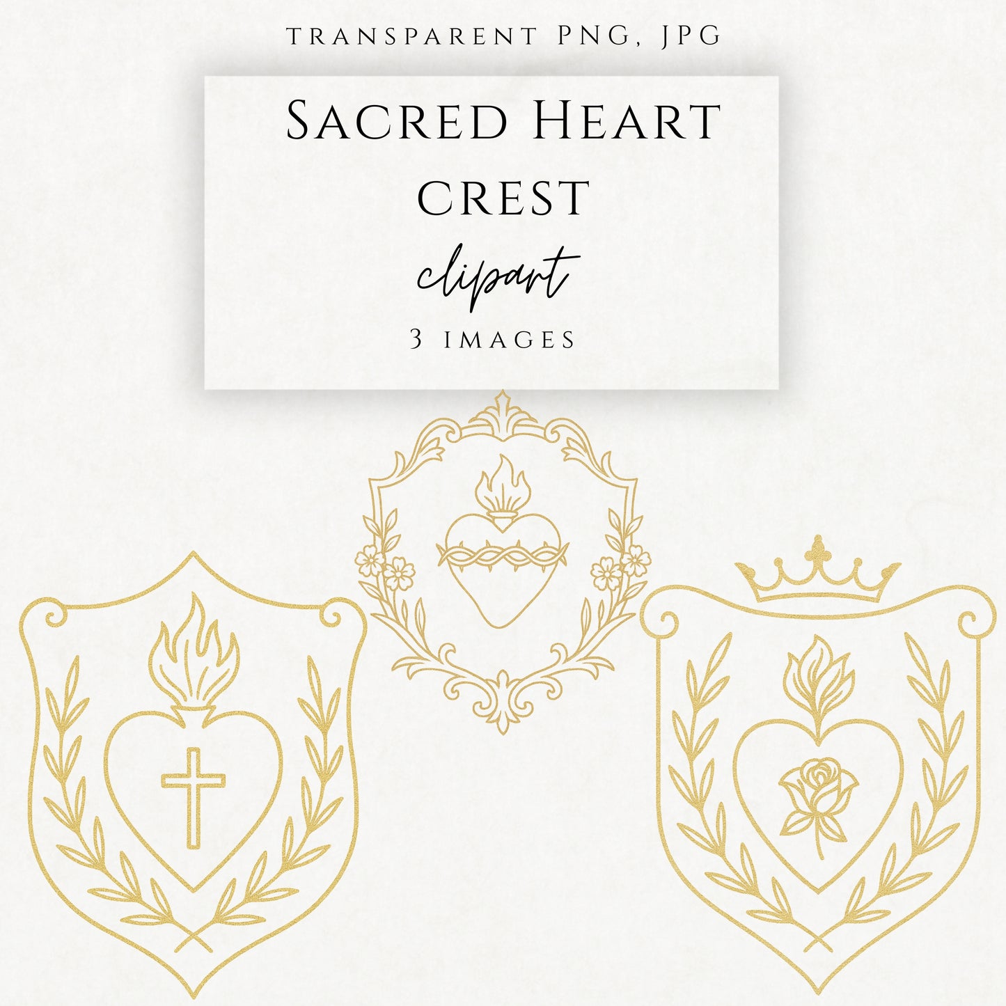 Gold foil Sacred Heart crest clipart with Catholic religious symbolism 