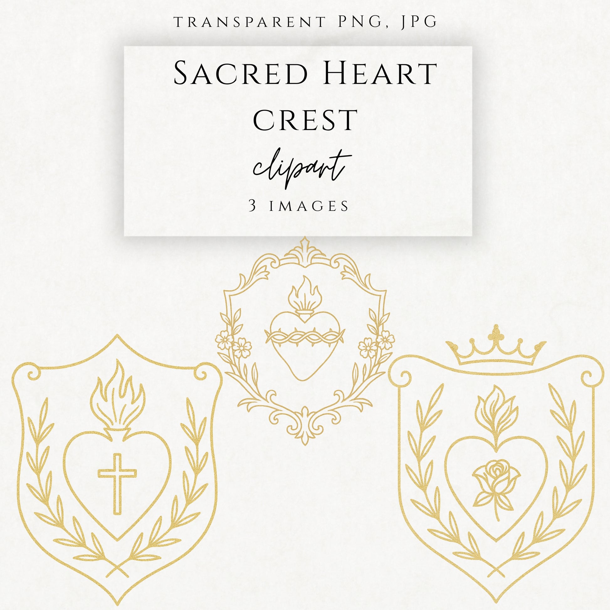 Gold foil Sacred Heart crest clipart with Catholic religious symbolism 