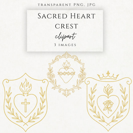 Gold foil Sacred Heart crest clipart with Catholic religious symbolism 