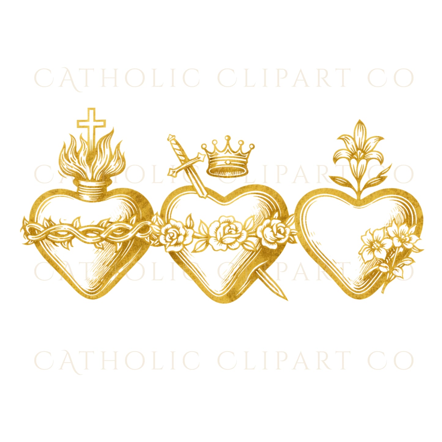 Sacred Hearts of Jesus Mary Joseph PNG | Immaculate Heart & St Joseph Catholic Clipart | Gold Religious art for Commercial Use