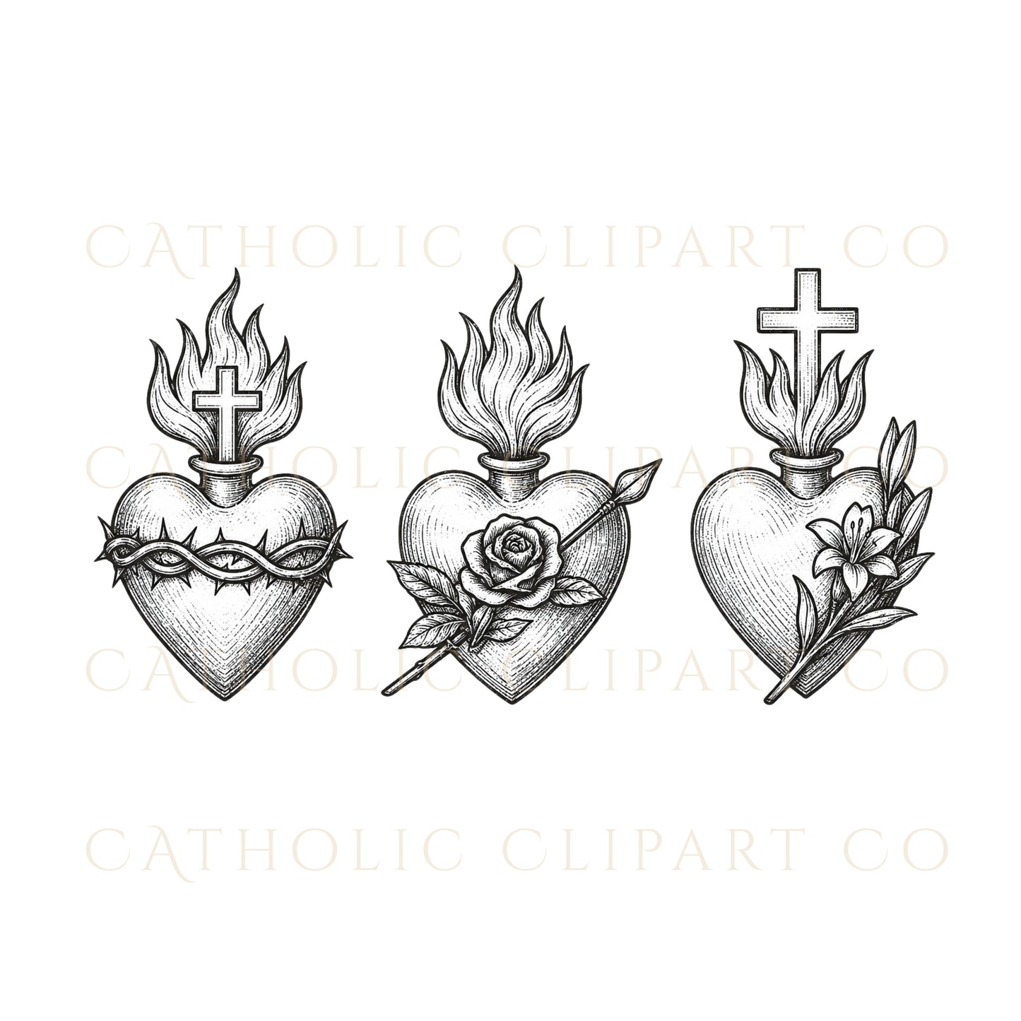 Sacred Heart Clipart PNG Bundle, Vintage Catholic Engravings, Religious Graphics, Commercial Use
