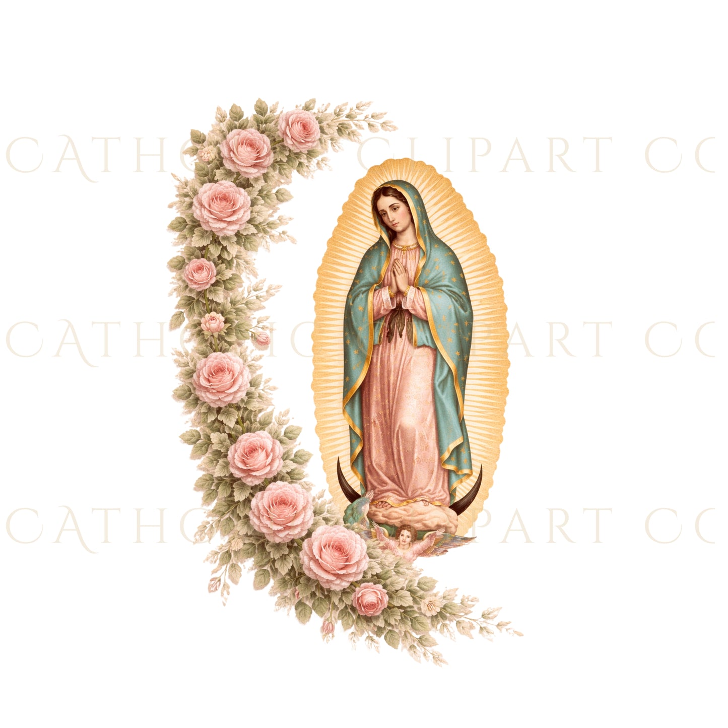 Guadalupe Clipart Pink Roses, Our Lady of Guadalupe Catholic Floral PNG, Virgin Mary Religious Wedding Baptism Art, 4 Images