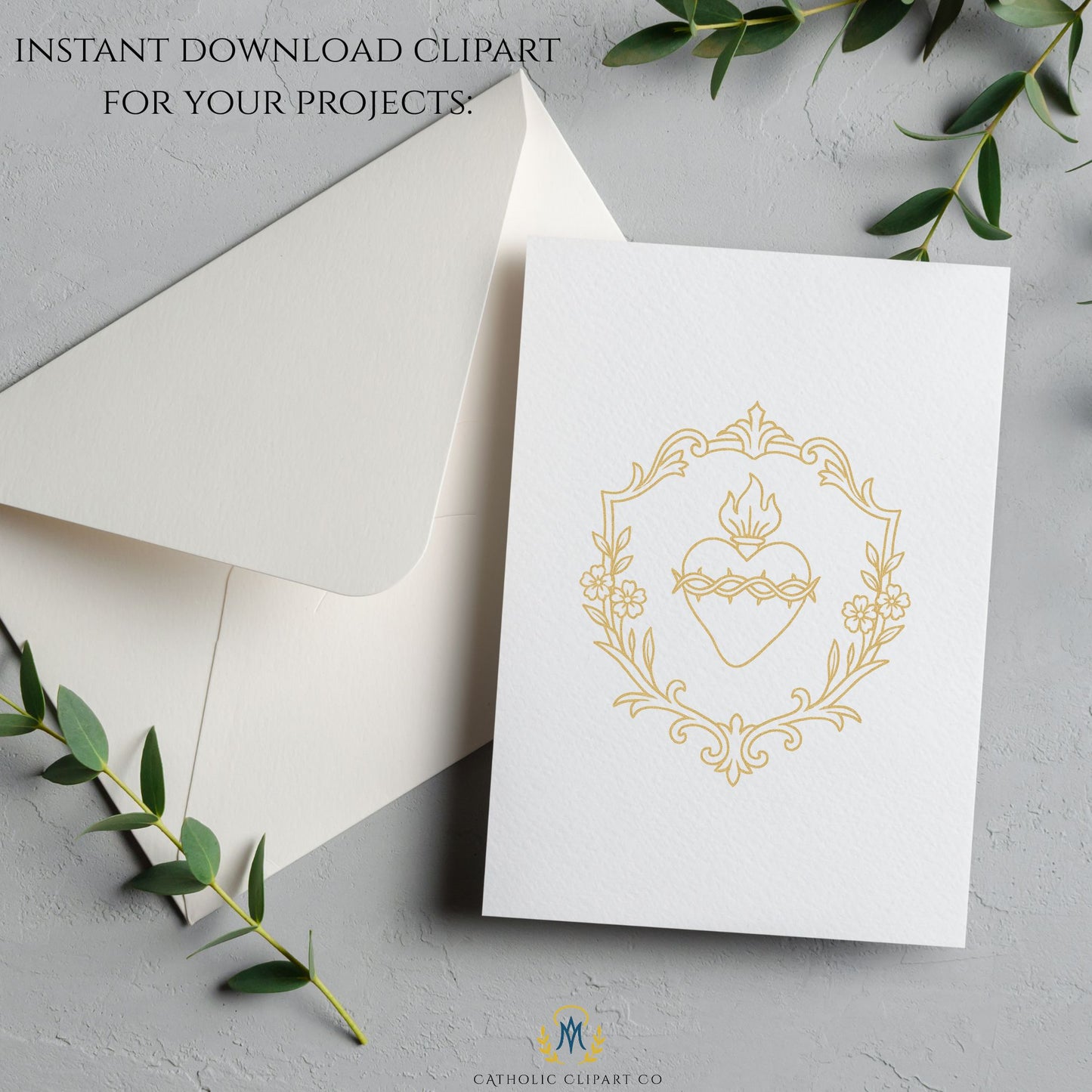 Sacred Heart of Jesus gold foil crest Catholic clipart design 
