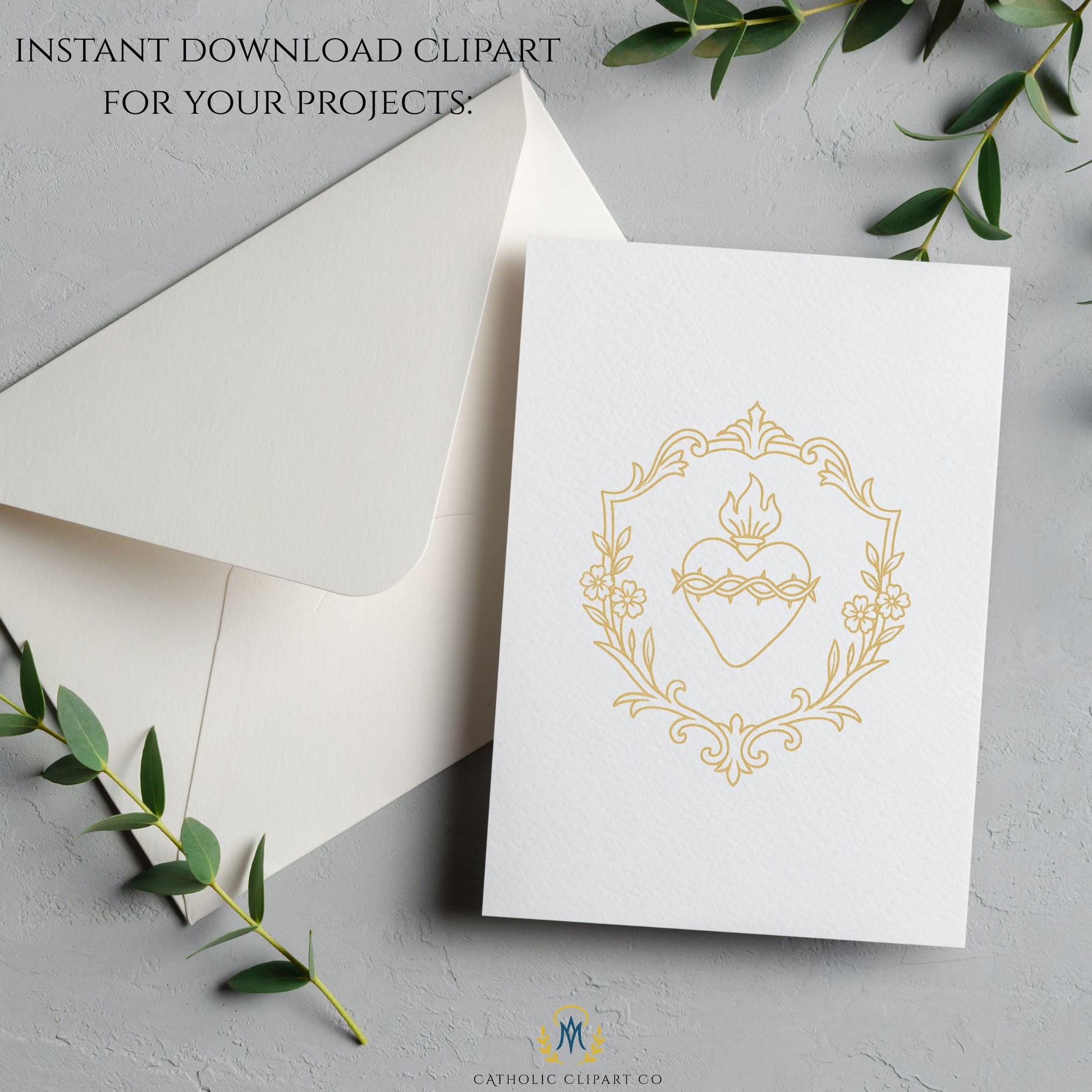 Sacred Heart of Jesus gold foil crest Catholic clipart design 