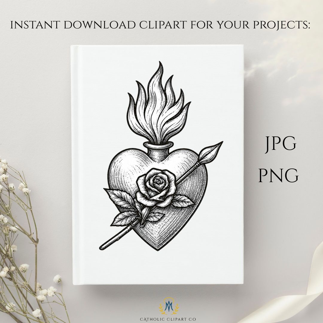 Sacred Heart PNG collection featuring antique Catholic engraving style religious graphics. / Colección de PNG de Sagrados Corazones con gráficos religiosos en estilo grabado católico antiguo.