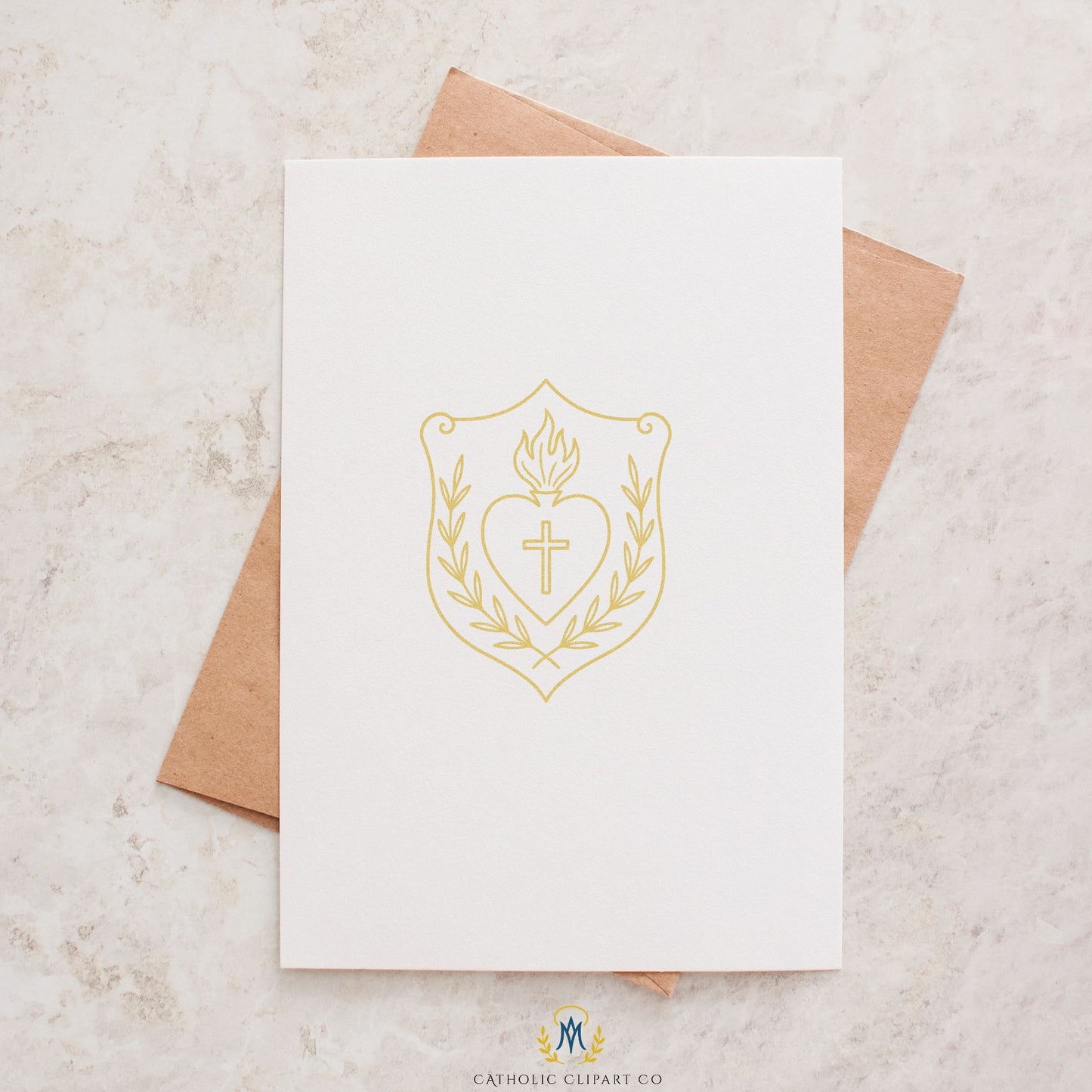 Catholic Sacred Heart crest clipart in elegant gold foil style