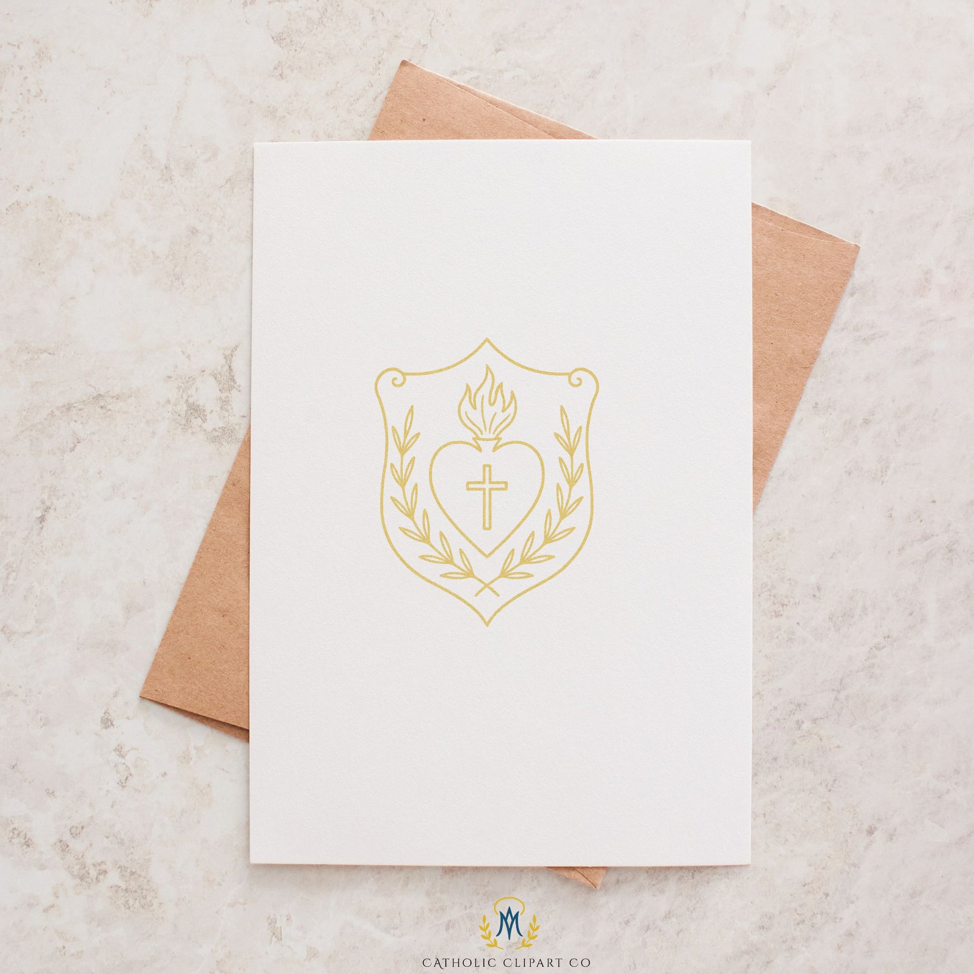 Catholic Sacred Heart crest clipart in elegant gold foil style