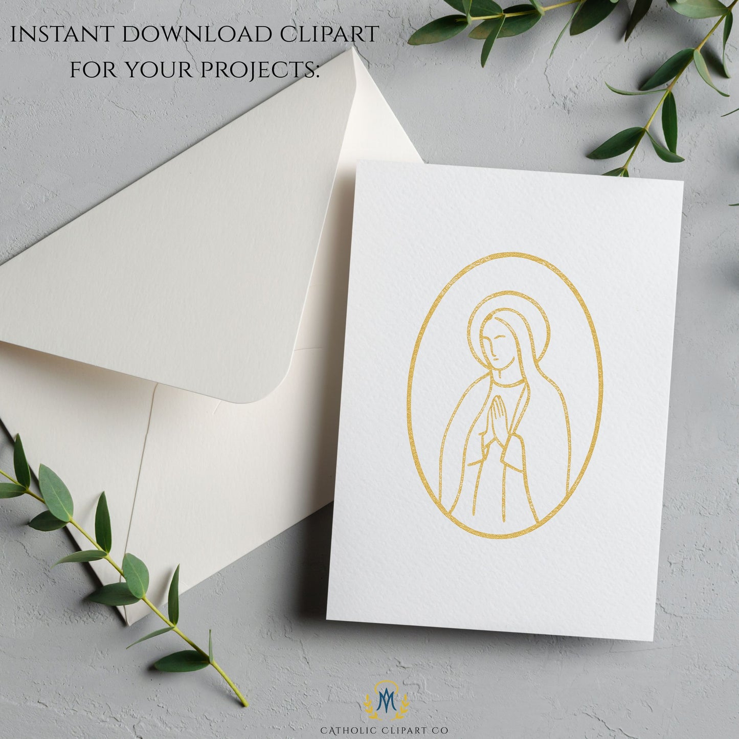Virgin Mary gold line art clipart displayed on a transparent background for easy design use