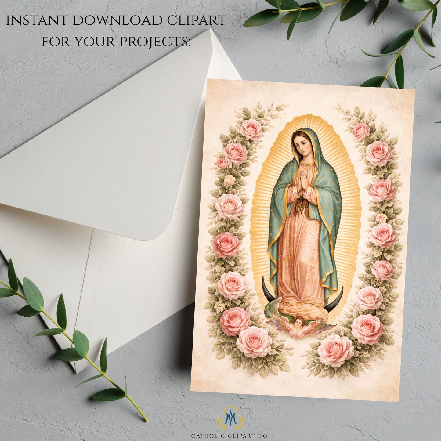 Guadalupe roses religious clipart, Marian floral Catholic art — Clipart religioso de Guadalupe con rosas, arte mariano católico