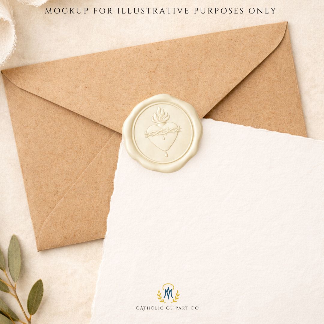 Catholic Sacred Heart wax seal PNG in gold foil style – Sello de cera dorado del Sagrado Corazón estilo lámina dorada