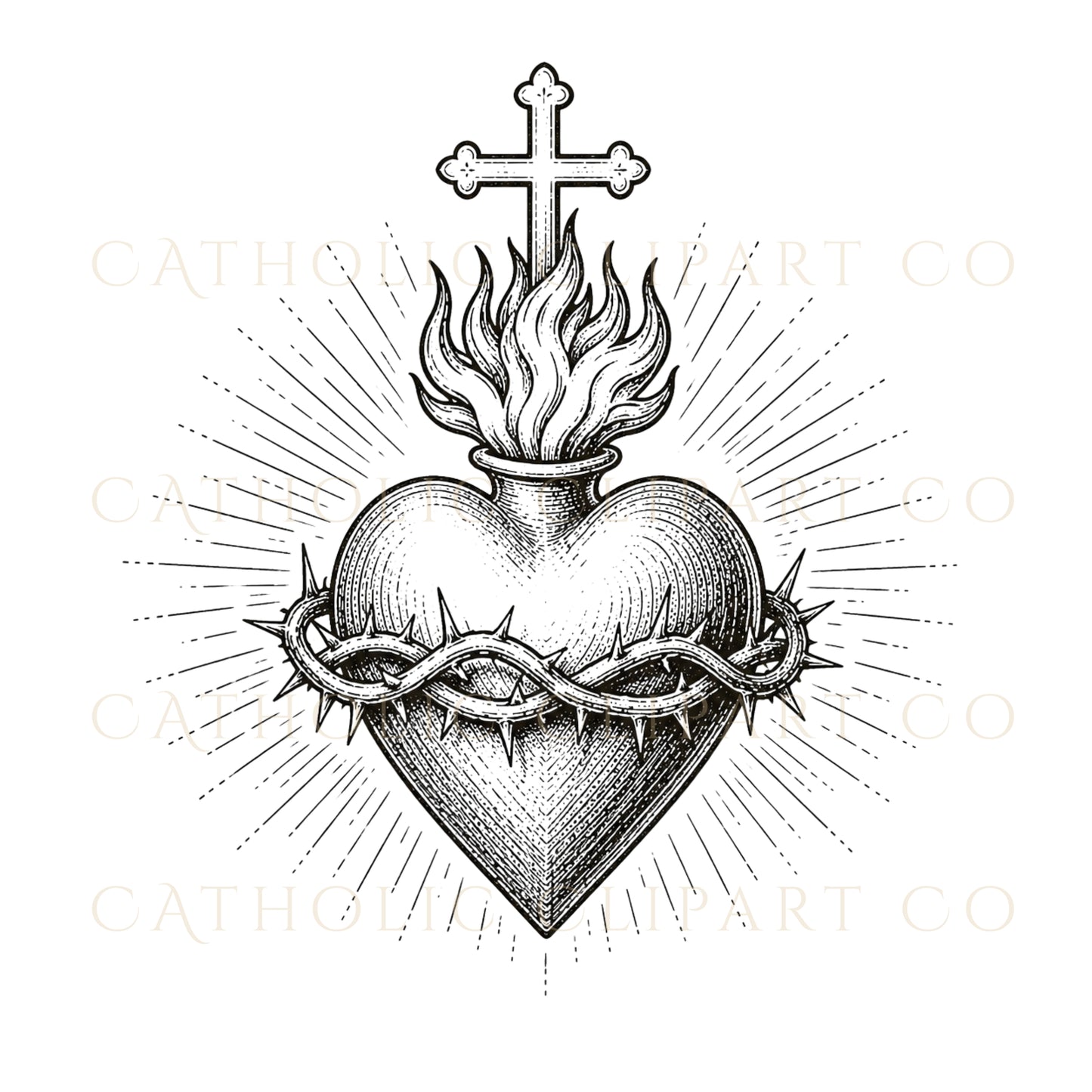 Sacred Heart Clipart PNG Bundle, Vintage Catholic Engravings, Religious Graphics, Commercial Use