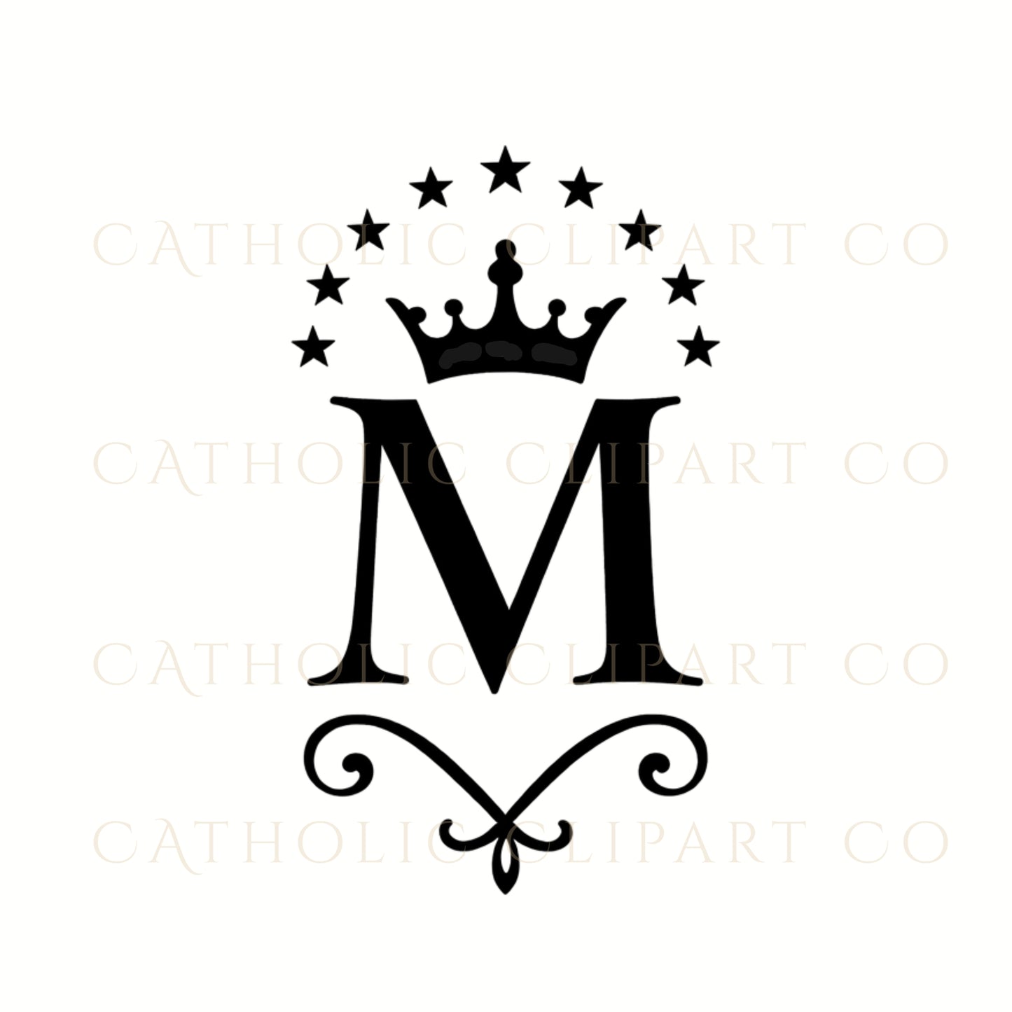 Black Marian Monogram Clipart PNG | Catholic Auspice of Mary M Logo, Crown & Cross Symbols | Commercial Use Religious Art