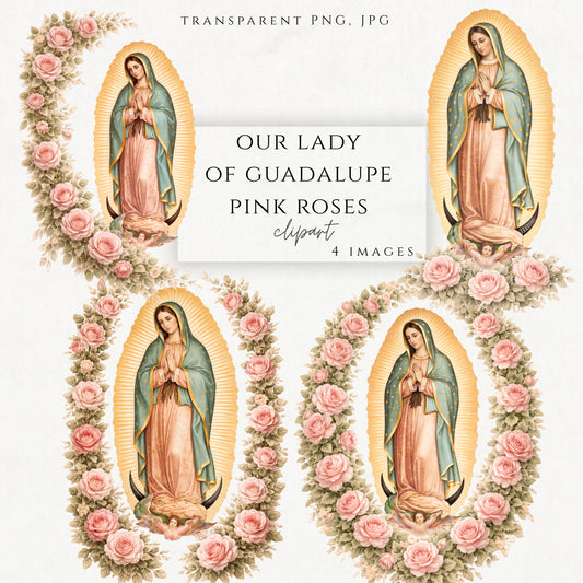 Our Lady of Guadalupe clipart surrounded by soft pink roses, Catholic floral artwork — Virgen de Guadalupe con rosas rosadas, arte floral católico