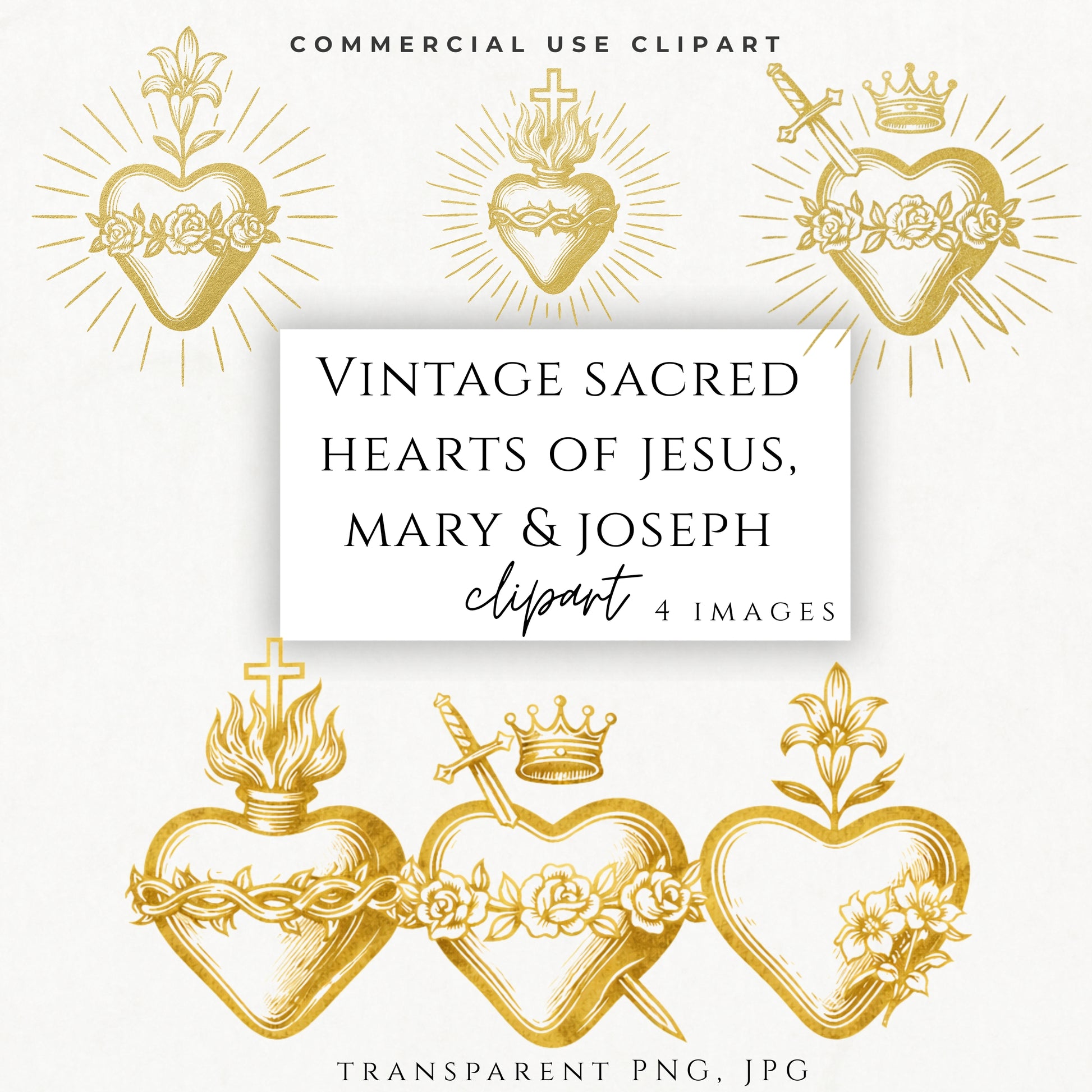 Sacred Hearts of Jesus Mary Joseph gold clipart PNG – Sagrados Corazones de Jesús María José en dorado PNG