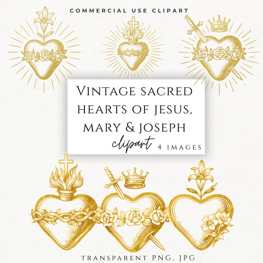 Sacred Hearts of Jesus Mary Joseph gold clipart PNG – Sagrados Corazones de Jesús María José en dorado PNG