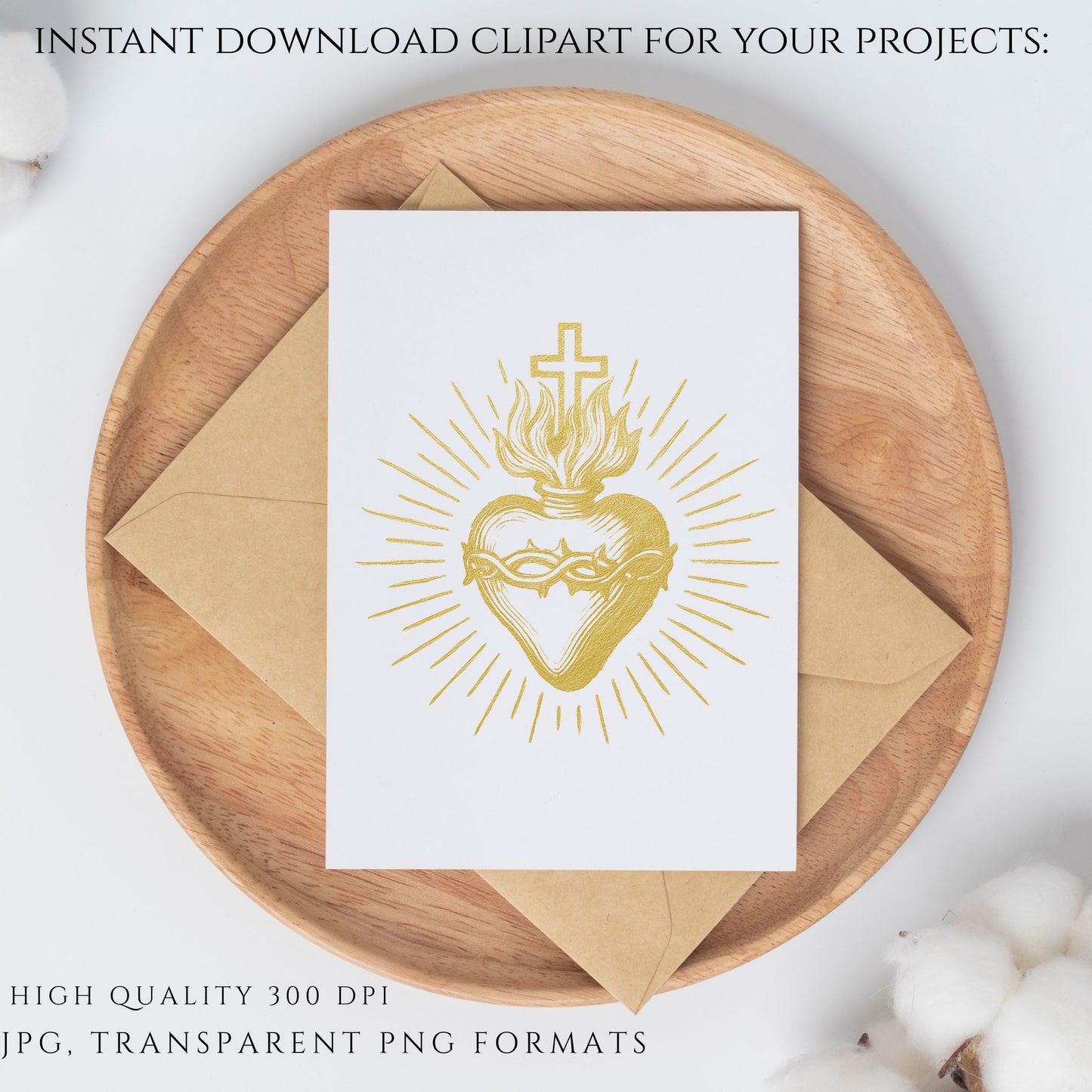 Sacred Heart of Jesus Clipart IHS Catholic Vintage Gold Sepia Religious Art PNG JPG Christian Sacred Heart Design