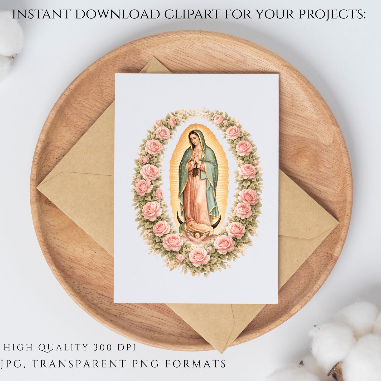 Guadalupe clipart with pink rose frame, Virgin Mary religious illustration — Clipart de Guadalupe con marco de rosas rosadas, ilustración religiosa