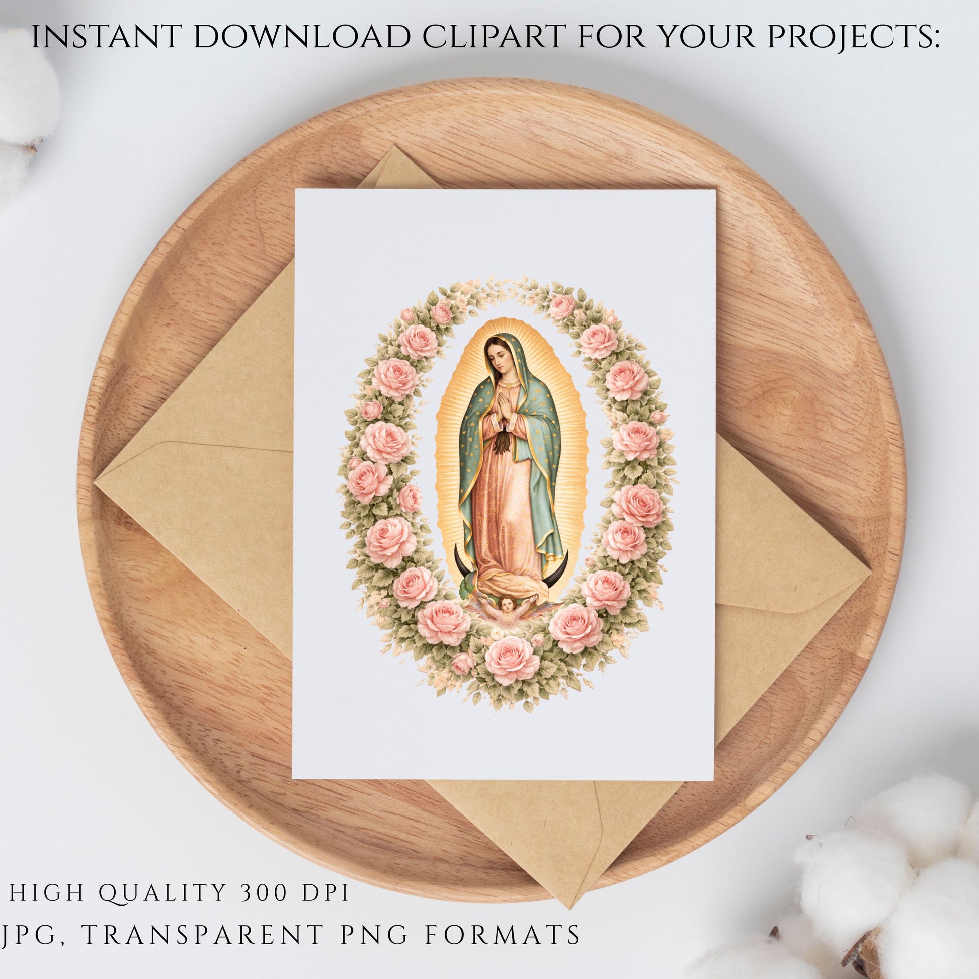 Guadalupe clipart with pink rose frame, Virgin Mary religious illustration — Clipart de Guadalupe con marco de rosas rosadas, ilustración religiosa
