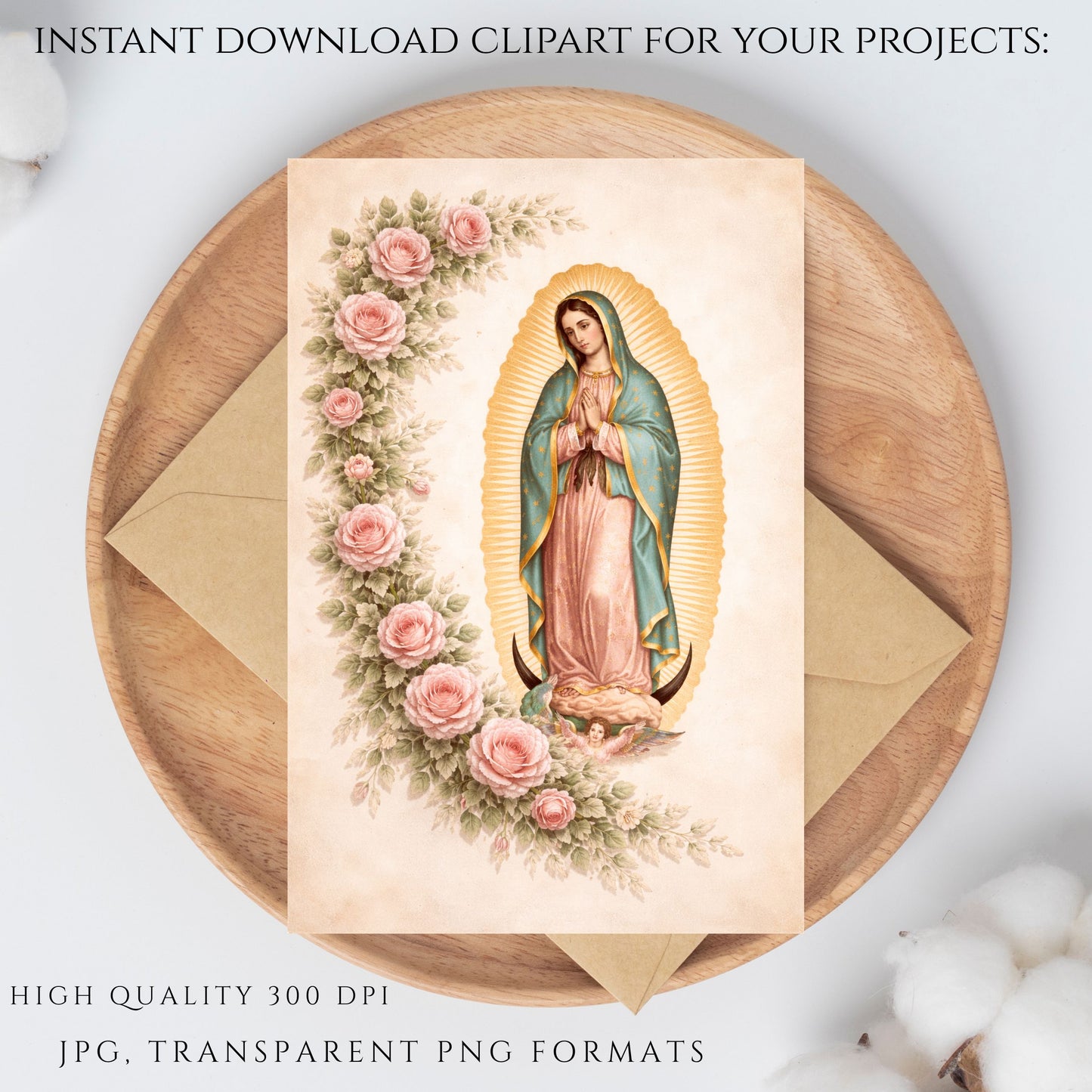 Virgin Mary Guadalupe clipart with vintage pink roses — Clipart de la Virgen María de Guadalupe con rosas rosadas estilo vintage