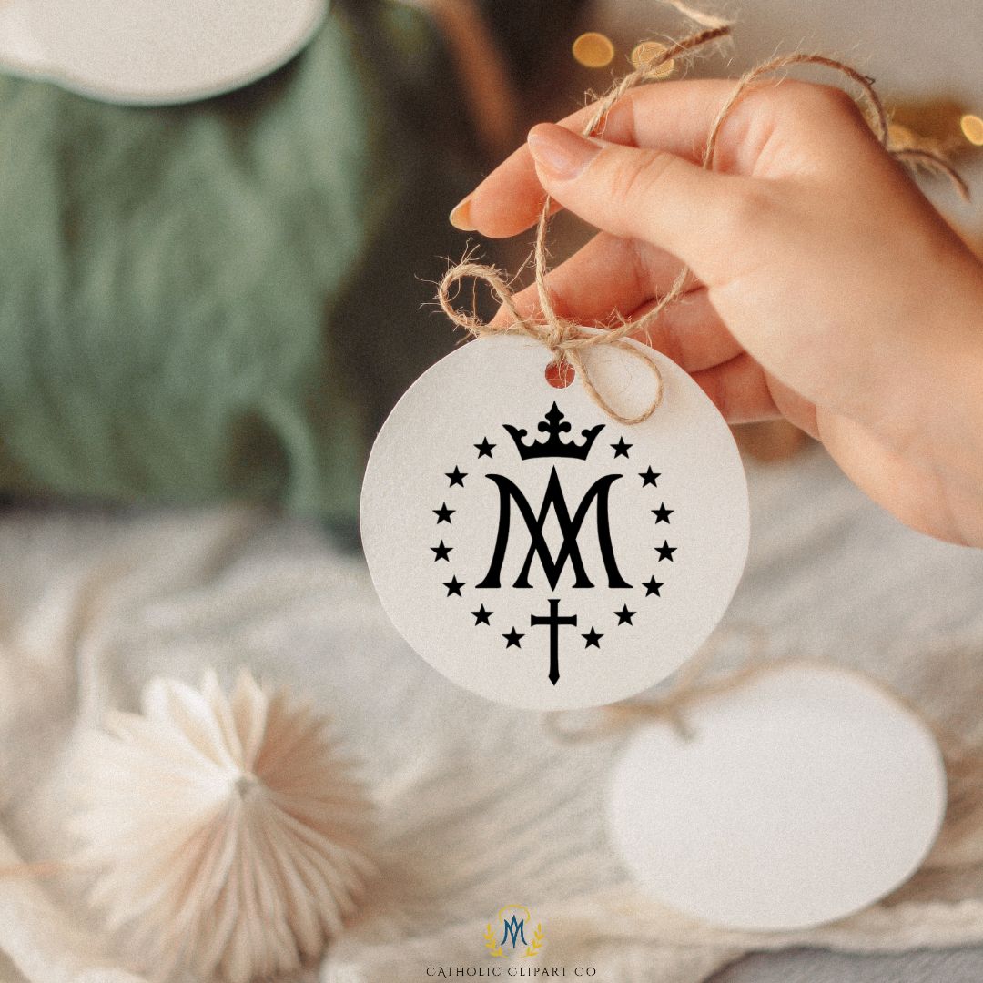 Black Auspice of Mary monogram with cross, Catholic logo design clipart / Monograma Auspice de María negro con cruz, diseño de logo católico