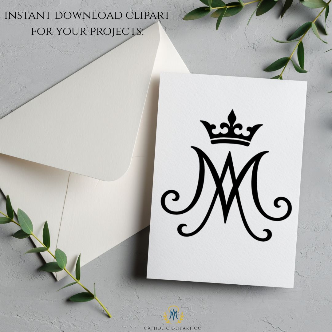 Catholic Marian M logo in black with crown detail, religious monogram PNG / Logo católico M mariana en negro con corona, monograma religioso PNG