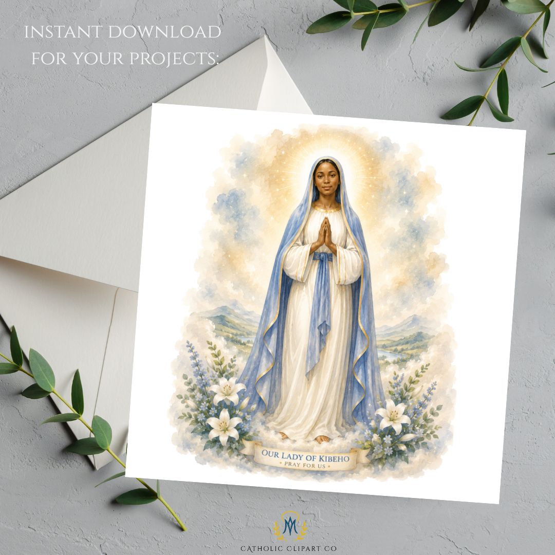 Watercolor Catholic saint style portrait with floral border