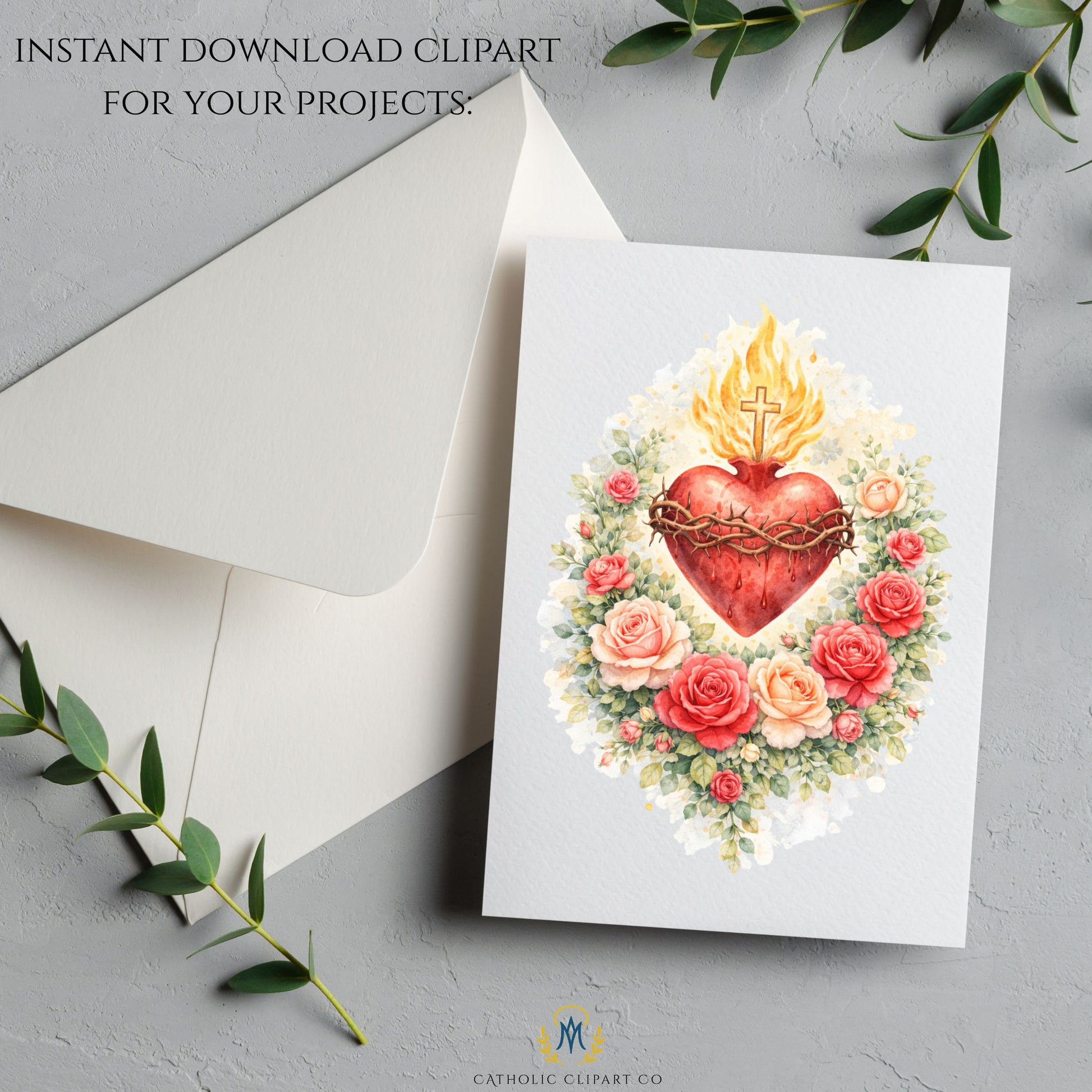 Catholic Sacred Heart of Jesus clipart PNG with floral details / Clipart PNG del Sagrado Corazón de Jesús católico con detalles florales