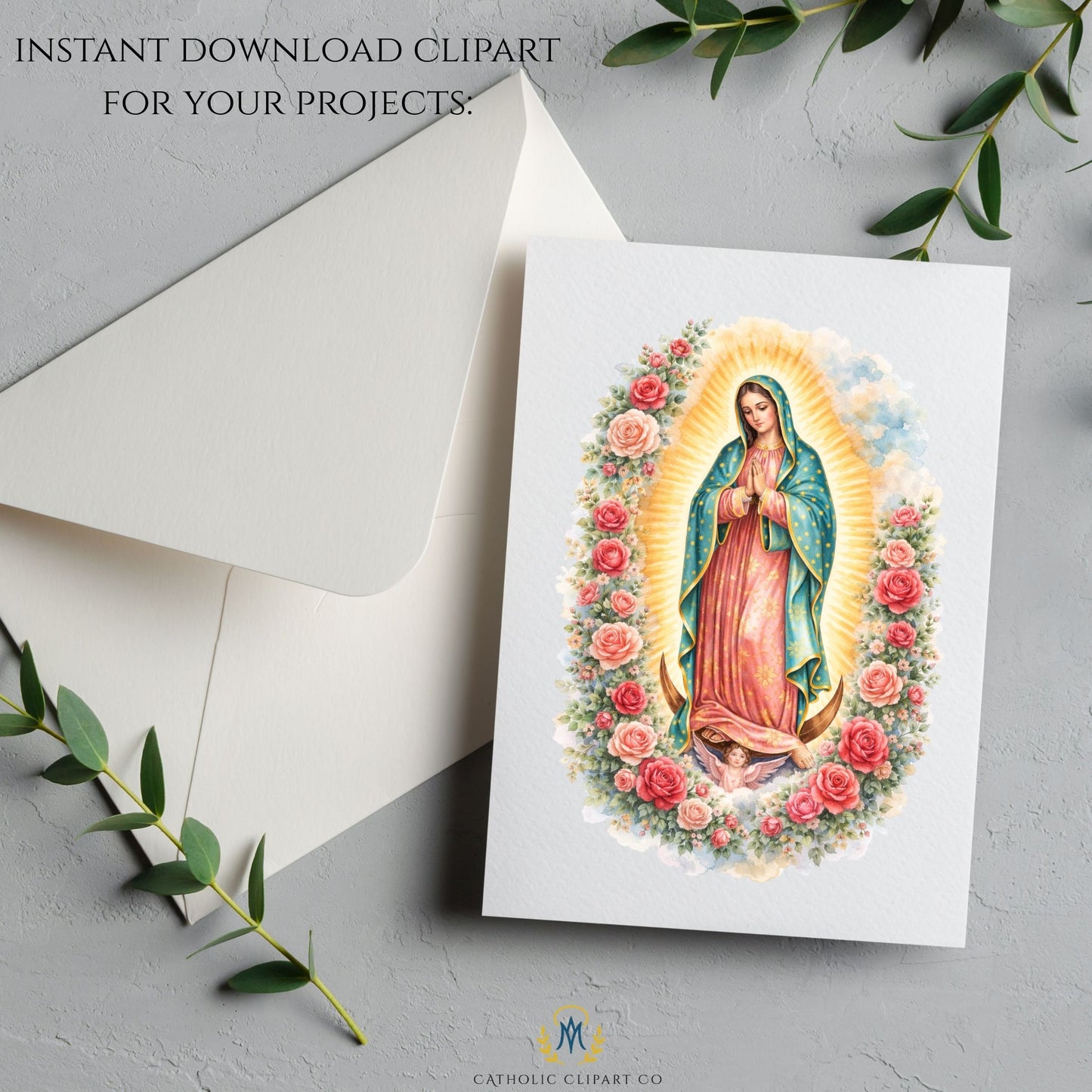 Our Lady of Guadalupe clipart PNG with soft clouds and roses | Clipart PNG de Nuestra Señora de Guadalupe con nubes suaves y rosas