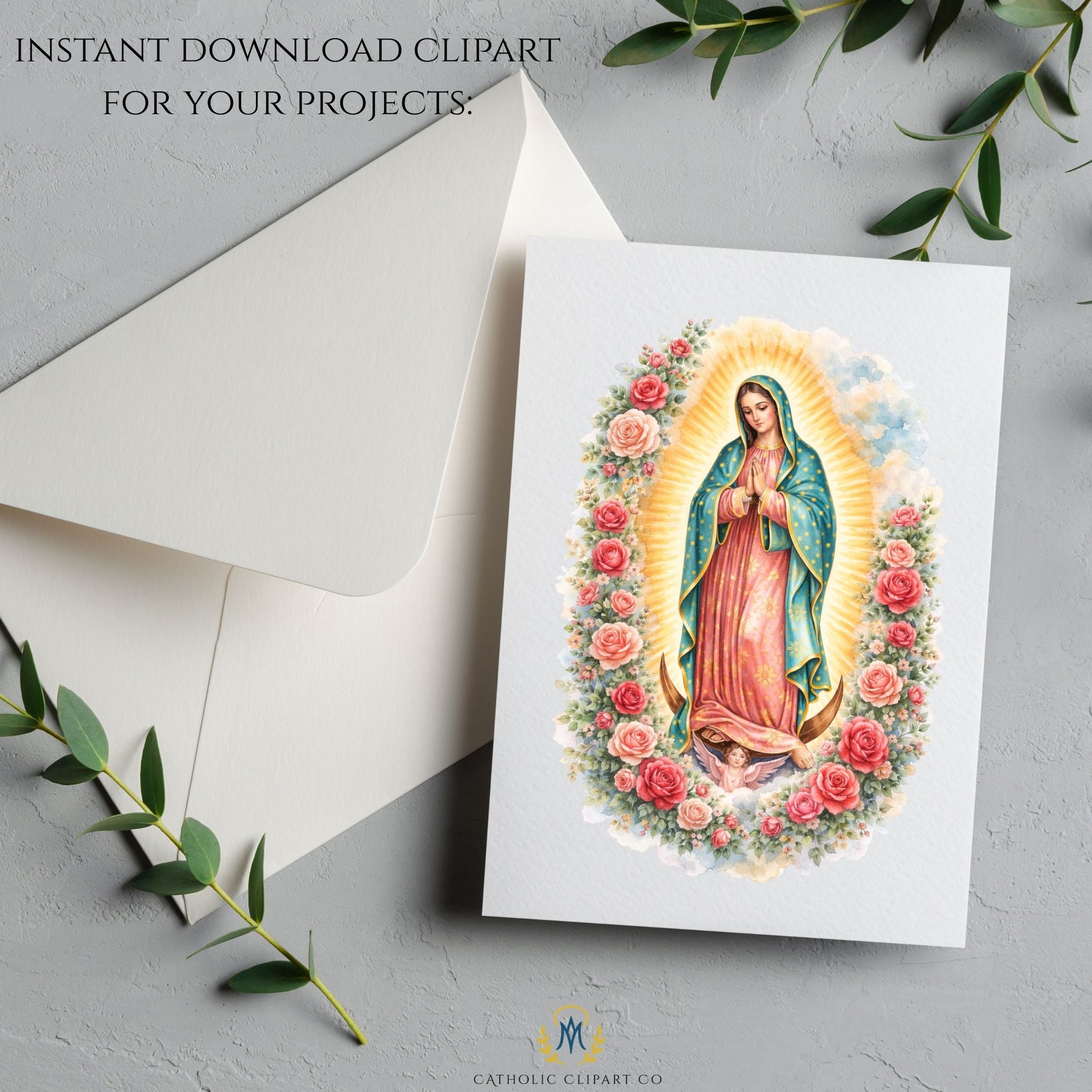 Our Lady of Guadalupe clipart PNG with soft clouds and roses | Clipart PNG de Nuestra Señora de Guadalupe con nubes suaves y rosas