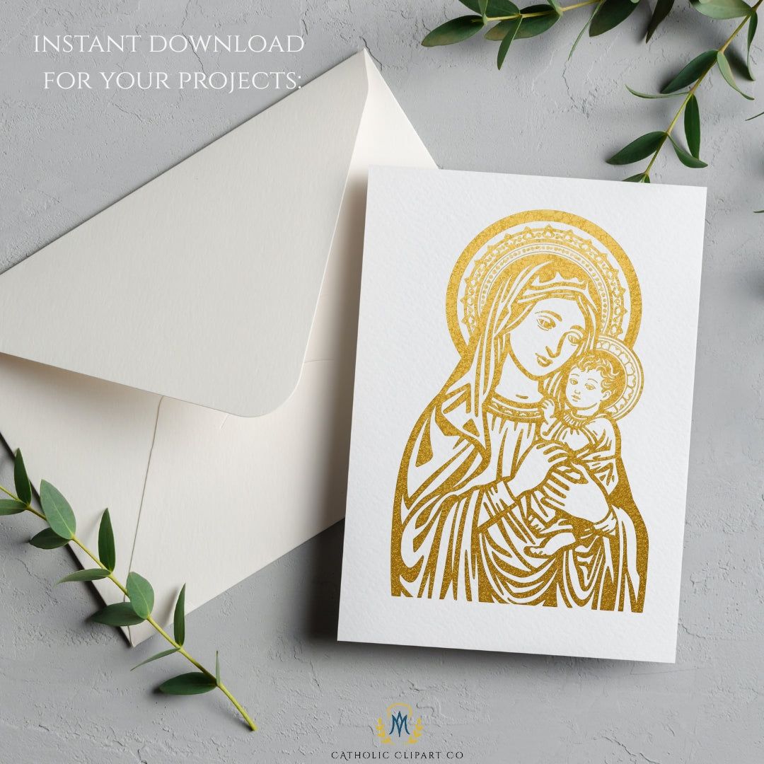 Gold Marian clipart bundle with Our Lady images, Virgin Mary artwork, and religious Christian graphics for Catholic creators and small shops.