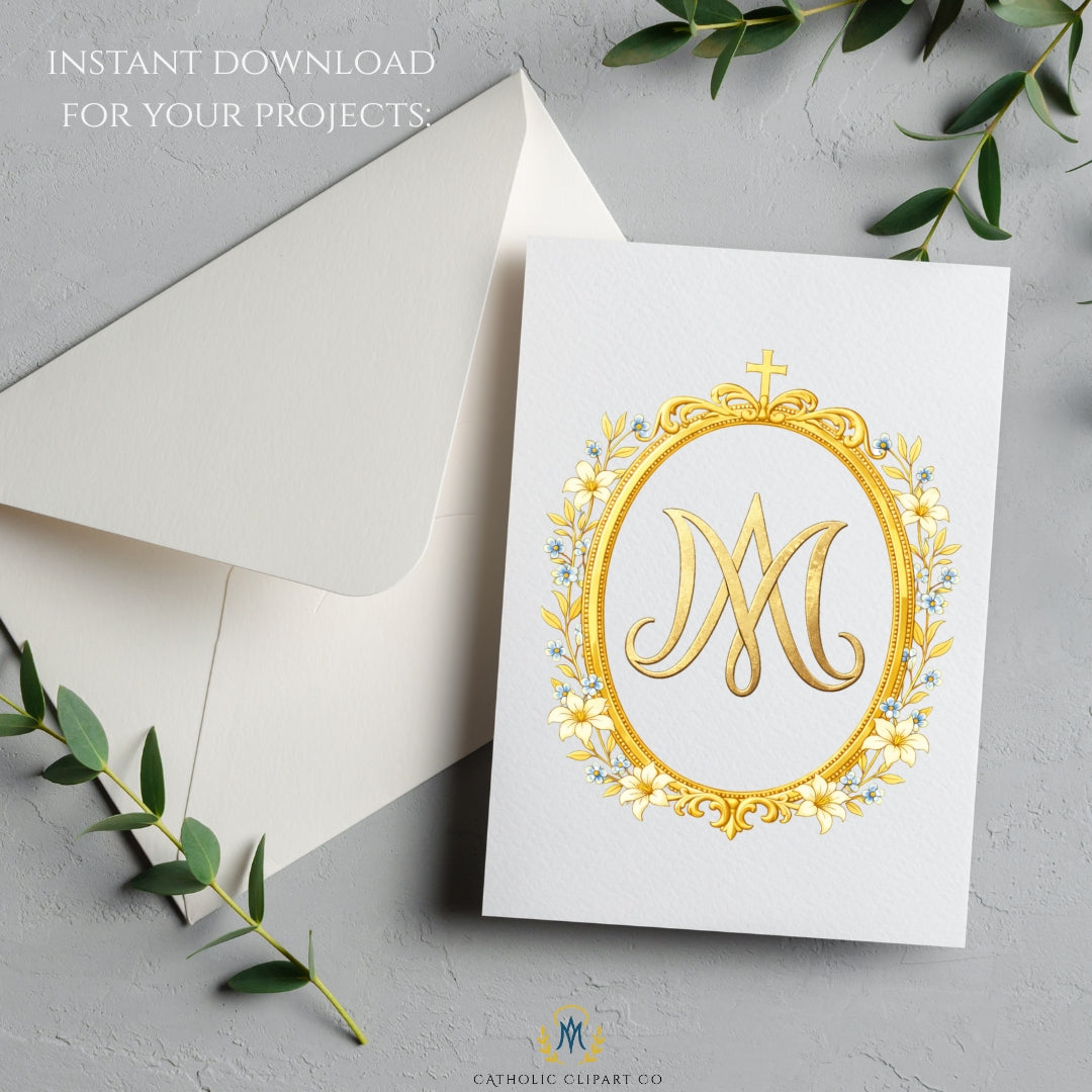 Marian Crest Clipart Set | Gold Marian M Monogram, Catholic Frame & Halo Symbols, Virgin Mary PNG