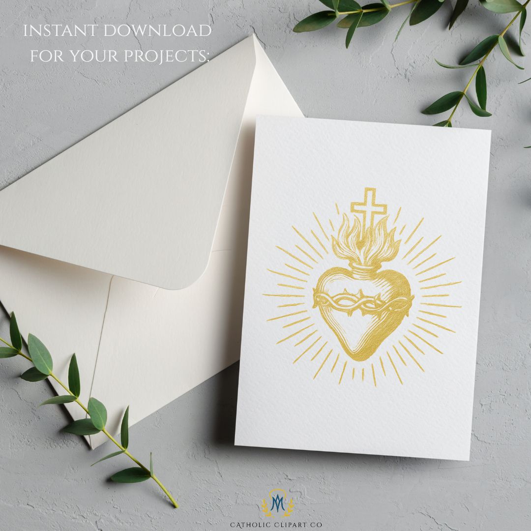 Sacred Heart of Jesus gold foil illustration with crown of thorns and radiant rays
