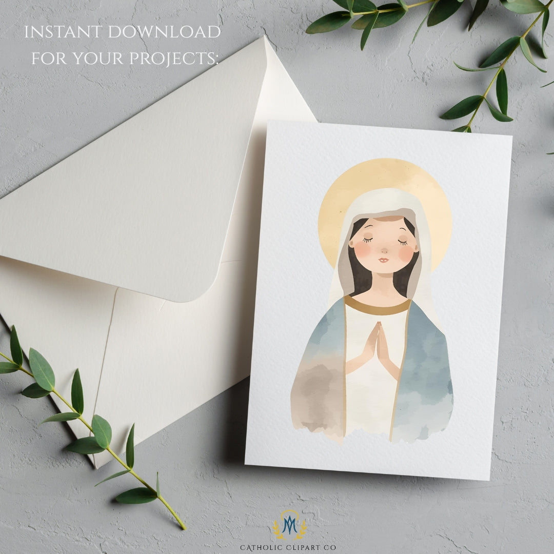 Catholic Virgin Mary watercolor graphic for baptism decor, First Communion projects, prayer resources, and Christian design use. / Gráfico católico de la Virgen María en acuarela para decoración de bautizo, proyectos de Primera Comunión, recursos de oración y diseños cristianos.