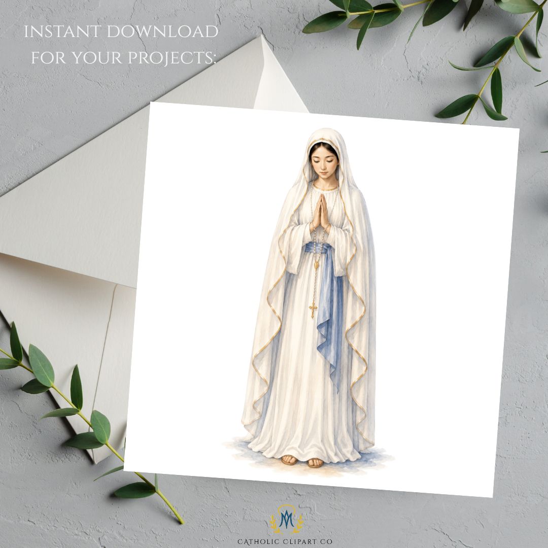 Japanese Marian apparition watercolor PNG with white veil and rosary 