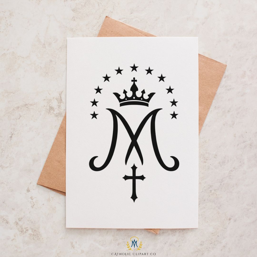 Minimal black Marian monogram PNG for church branding / Monograma mariano negro minimalista PNG para branding parroquial