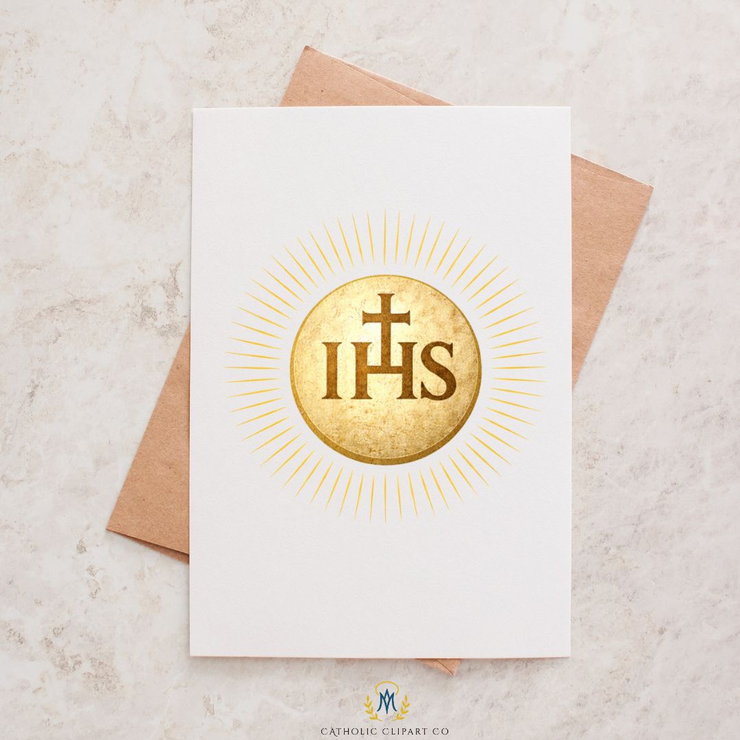 Catholic symbol suite with Eucharistic Host, cross and Marian Sacred Heart designs | Suite de símbolos católicos con Hostia Eucarística, cruz y Sagrado Corazón mariano