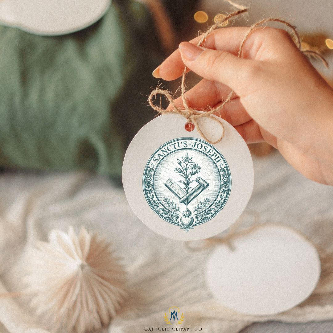 Saint Joseph engraved style crest with lily and square tool | Escudo estilo grabado de San José con lirio y escuadra