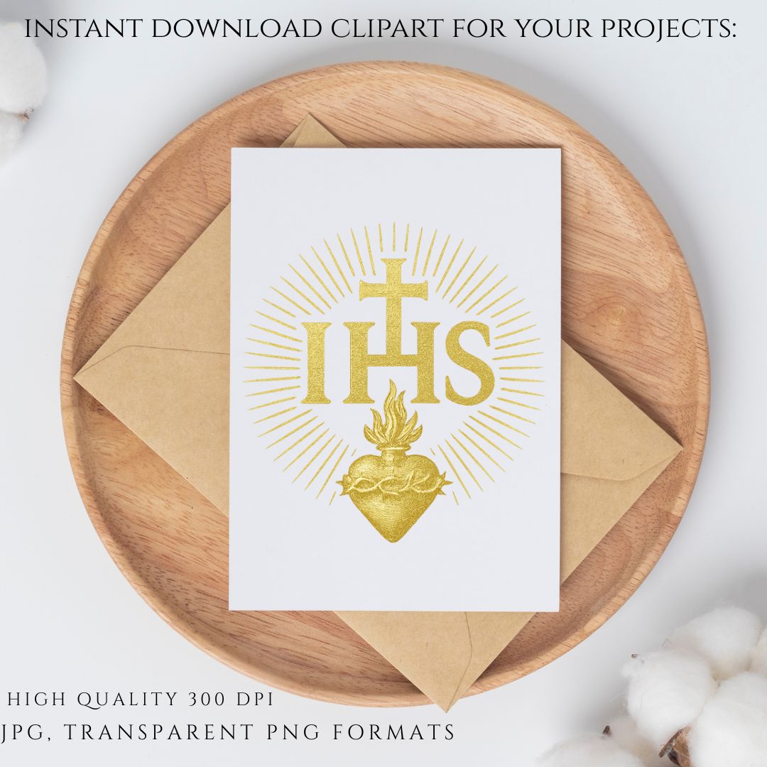 Sacred Heart and IHS Catholic emblems designed for wedding stationery and certificates | Emblemas católicos del Sagrado Corazón e IHS para papelería de bodas y certificados