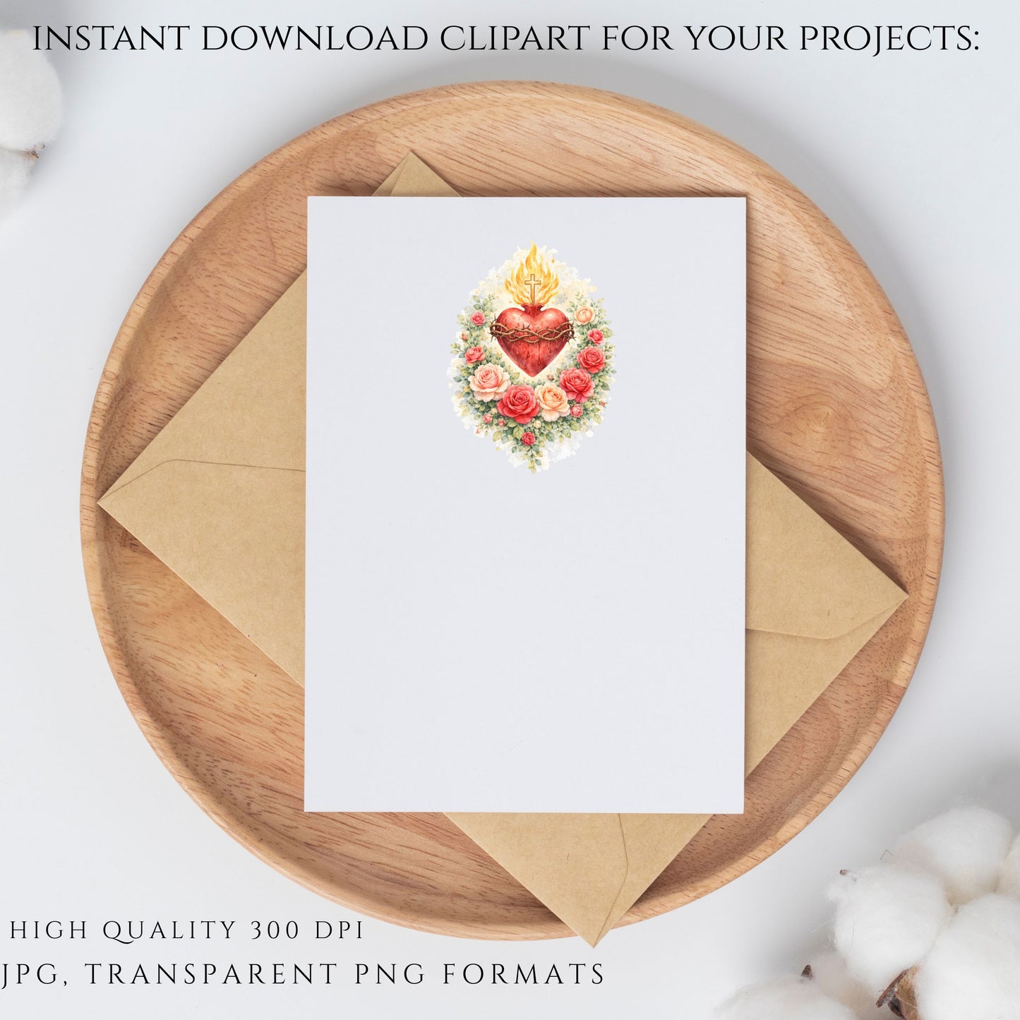 Sacred Heart of Jesus Clipart PNG | Floral Catholic Sacred Heart Watercolor | Christian Devotional Art, Roses, Prayer Card Design