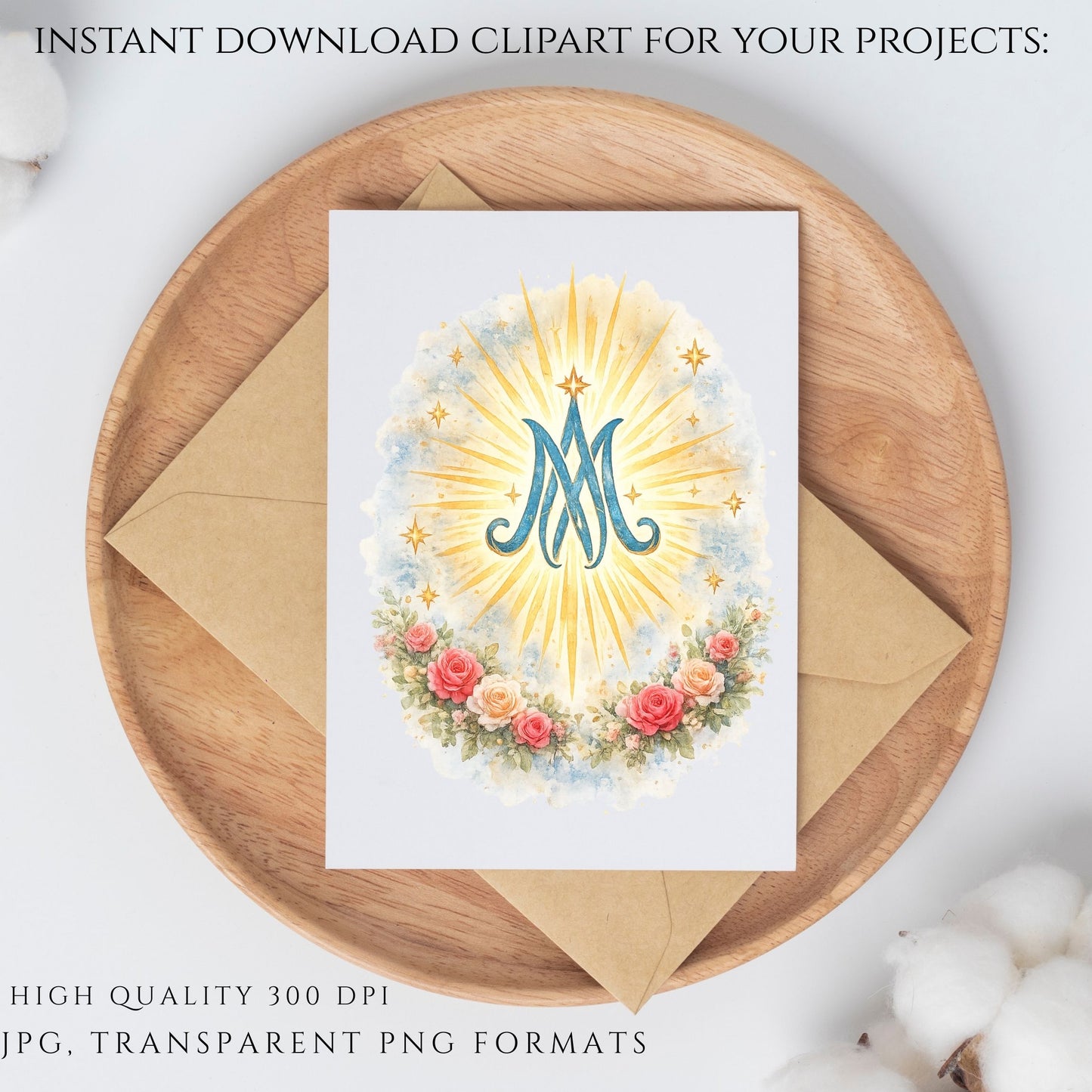Catholic devotional clipart of Our Lady of Guadalupe in watercolor style | Clipart devocional católico de Nuestra Señora de Guadalupe en acuarela